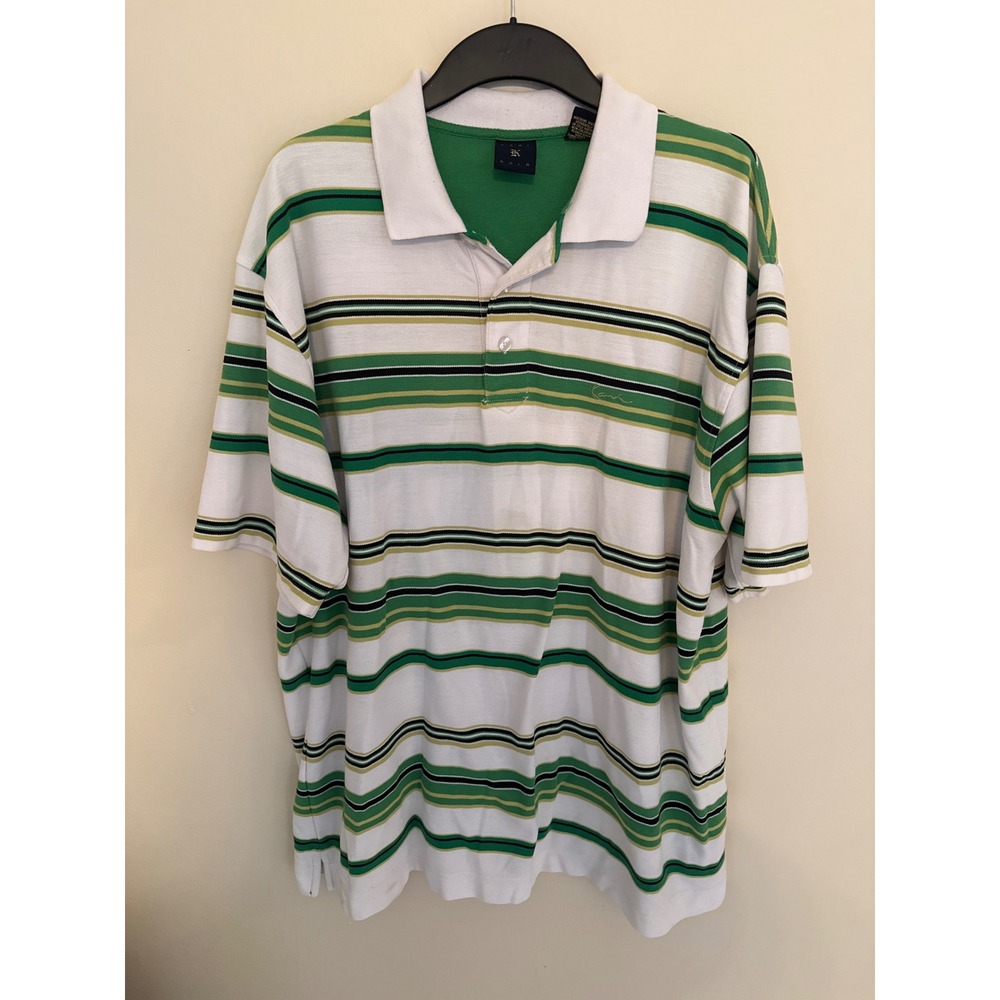 Karl Kani Gold Mens 2X Green White Striped Short Sleeve Polo Shirt Pique Knit